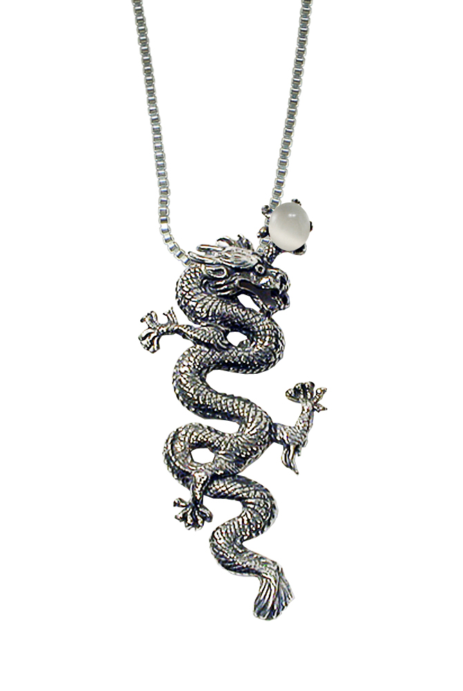 Sterling Silver Dragon of the Ages Pendant With White Moonstone